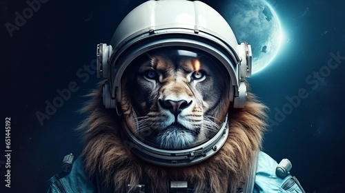 Successful astronaut lion in a space suit with a helmet