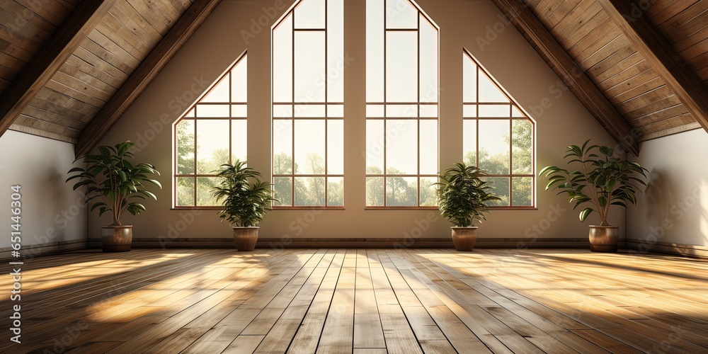 Front view of sunny empty loft interior room with wooden floor Front view of sunny empty loft interior room with wooden floor