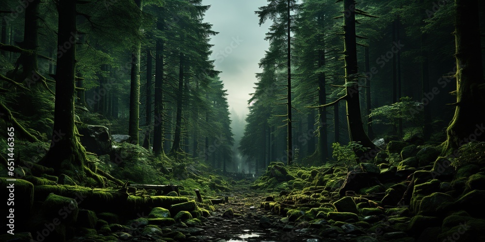 Fototapeta premium Green ferns in the middle of the forest midsummer night