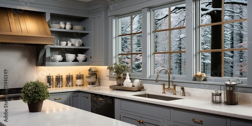 Gray kitchen corner with gray cabinets and window