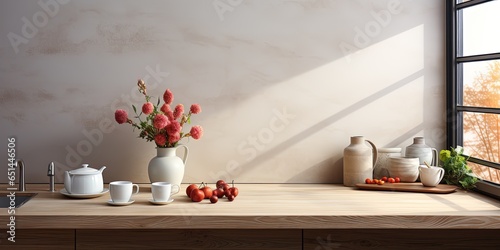 Light beige, contemporary background of a mockup of a kitchen
