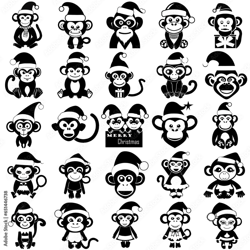 Monkey logo and symbol vector, Merry Christmas Monkey icon on black and white color with white background, Monkey cartoon set vector icons. Monkey logo and symbol vector, Merry Christmas Monkey icon on black and white color with white background, Monkey cartoon set vector icons.