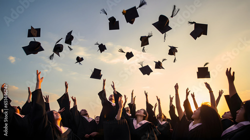 Group of cheerful student throwing graduation hats in the air celebrating, education concept with students celebrate success with hats and certificates photo