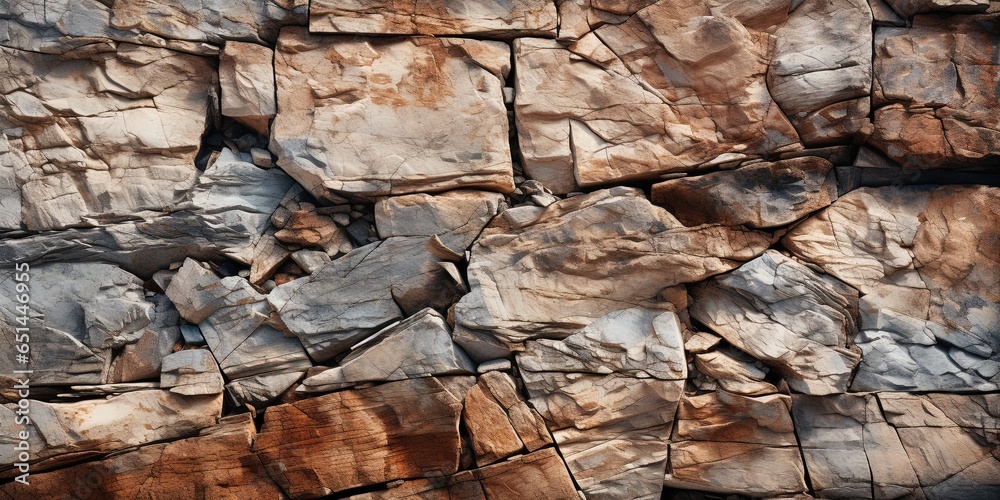 Texture of brown rock. Mountain rough cracked surface. Close - up. Stone granite wall background with copy space for design. Wide banner