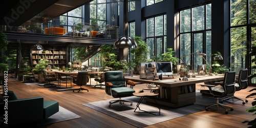 Spacious open space office with modern furniture, office chairs, work desks, green natural plants and led lighting, workspace organization concept