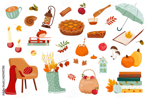 Autumn season set of elements: rubber boots, falling leaves, cozy food, books Collection of Thanksgiving elements for scrapbooks, cards, poster Bright vector illustration for harvesting pumpkin season