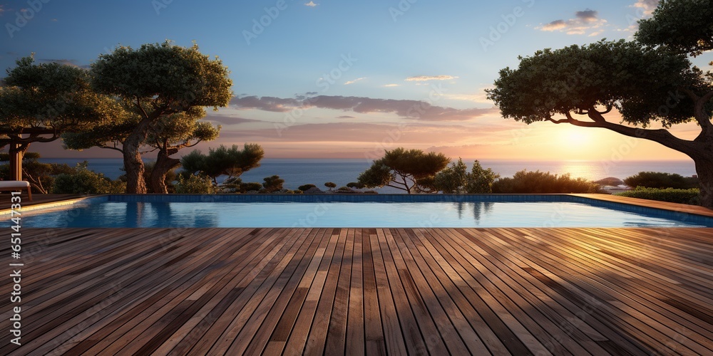 Empty wooden deck with swimming pool - obrazy, fototapety, plakaty 