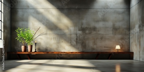 Empty room interior with concrete walls, grey floor with light and soft skylight from window.