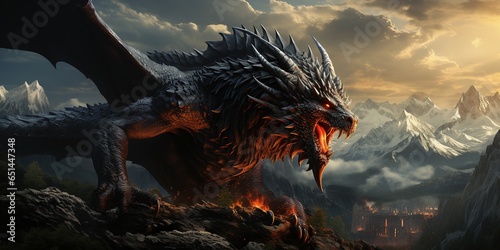 Ferocious black dragon on the mountain range, huge scary dragon, roaring dragon