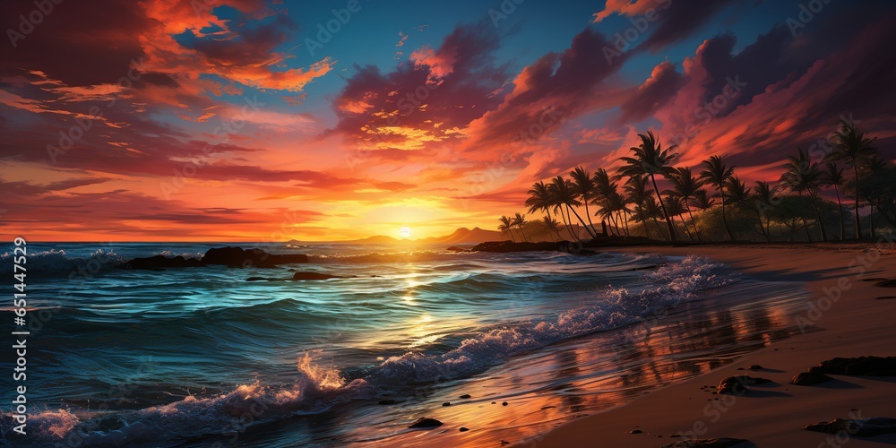 A captivating scene of palm tree silhouettes set against the backdrop of a breathtaking tropical sunset beach, evoking a sense of tranquility and beauty. - obrazy, fototapety, plakaty 