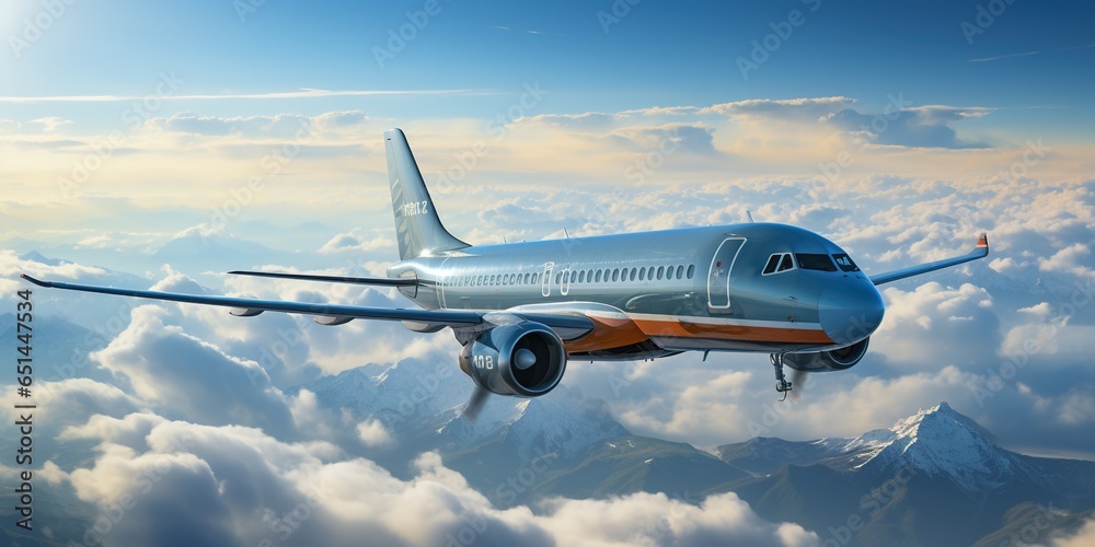 A stunning panoramic view of a passenger airplane taking off into the blue sky, its landing gear down, amidst the clouds.