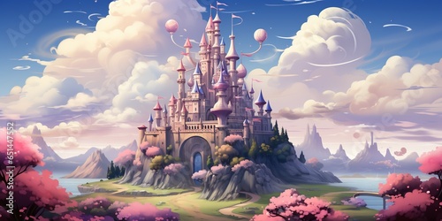 Pink royal castle floating on island in sky. Vector cartoon illustration of magic medieval palace flying on piece of land, green grass, tree, white clouds around, game level platforms, fantasy kingdom