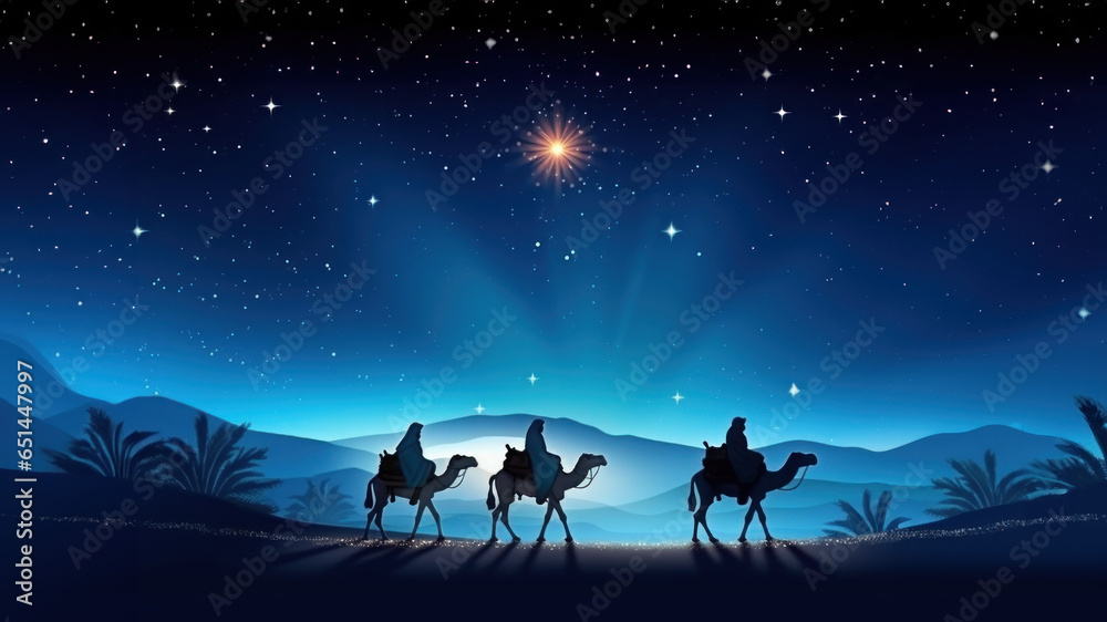 Fototapeta premium 3 Wise Men silhouetted with room for copy created with Generative AI technology