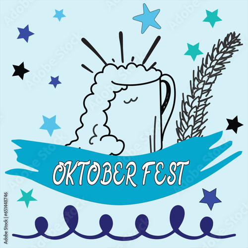 Oktoberfest Vector Illustration with Dark Beer, Oktoberfest Vector Illustration With Fresh Lager Beer On Blue White Background. Celebration Banner ,