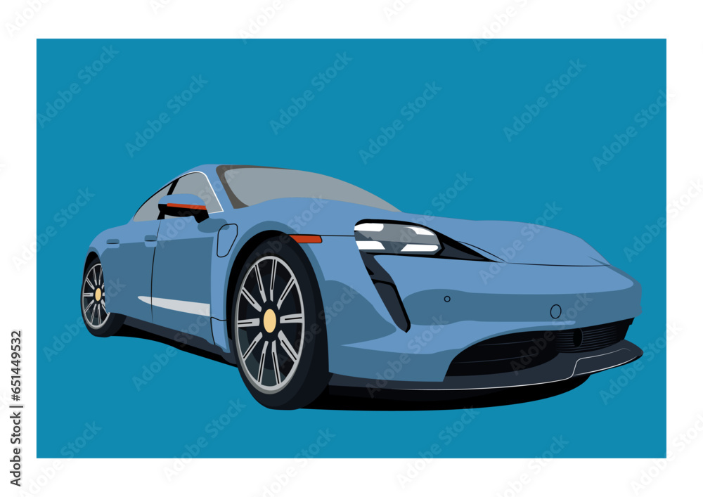 Vector illustration of front half side view of blue luxury car with alloy wheels.
