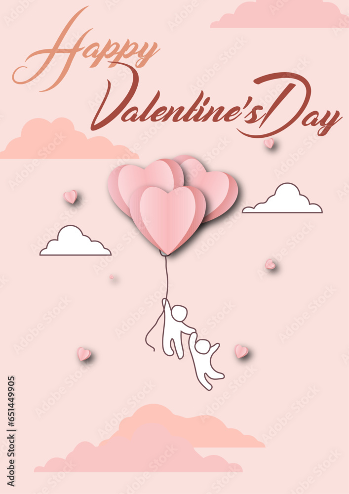 Vector illustration poster of Happy Valentine day on pink background with clouds and couple flying with balloons in air. Valentine Day Concept.
