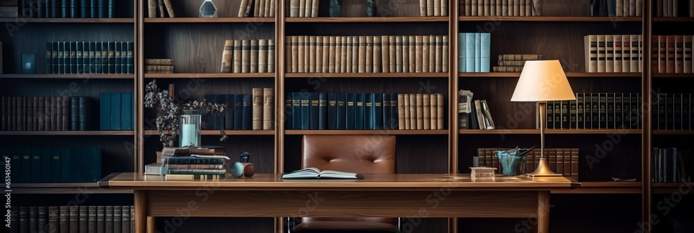 Office with a wooden interior. Stylish lamp and desk. Generative AI Office with a wooden interior. Stylish lamp and desk. Generative AI