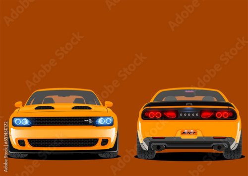 Vector illustration of front and back view of yellow luxury car.
 photo