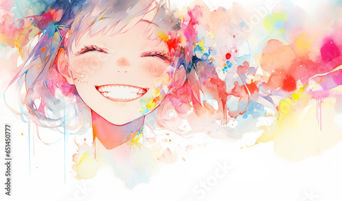笑顔の少女のカラフルな水彩イラスト