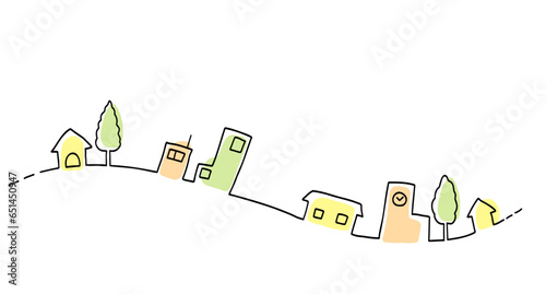 シンプルな町並みの風景　線画イラスト