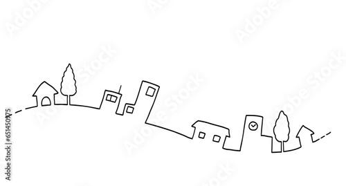 シンプルな町並みの風景　線画イラスト