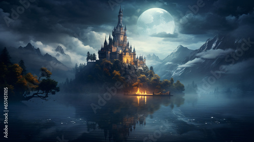 The mystical castle island on the lake at moonlight © UsamaR