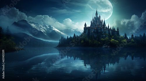 The mystical castle island on the lake at moonlight
