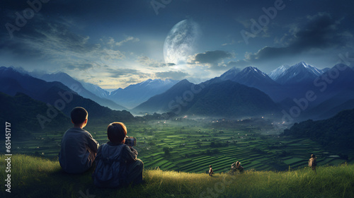 Long exposure shot of children gazing at Milky Way amidst paddy fields and mountains