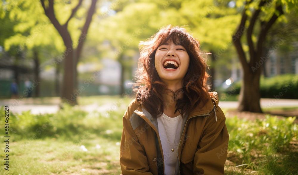 公園で楽しそうに笑う女子大生 公園で楽しそうに笑う女子大生