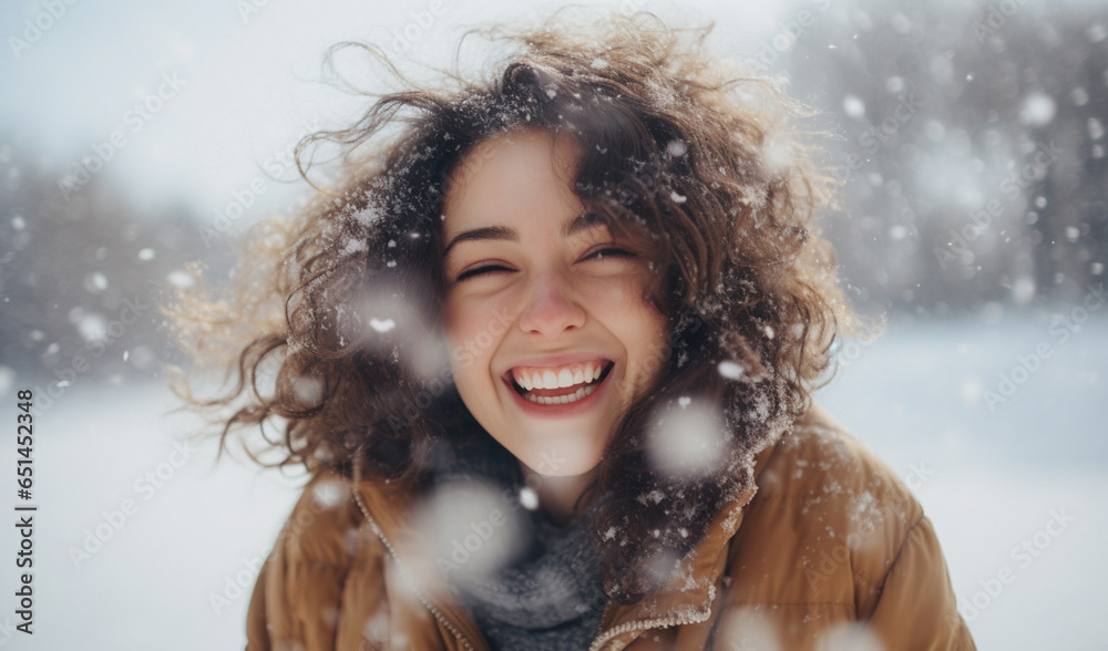 雪景色と楽しそうな笑顔の女性 雪景色と楽しそうな笑顔の女性