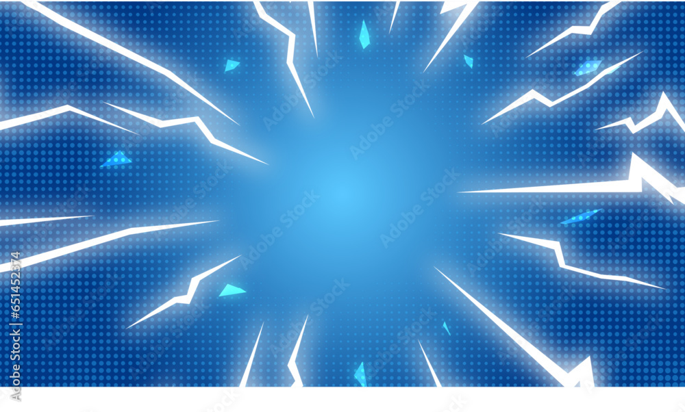 abstract blue background with glow lightning effect and halftone dots