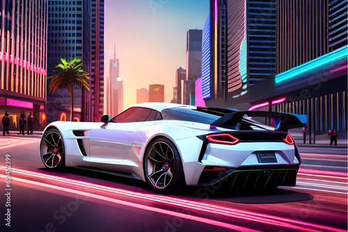 Supersport car at cyberpunk city at night with neon background photo