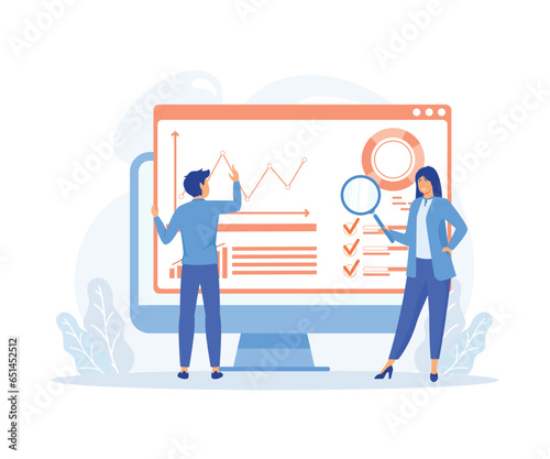 business people working for data analytics and monitoring on web report dashboard monitor, flat vector modern illustration