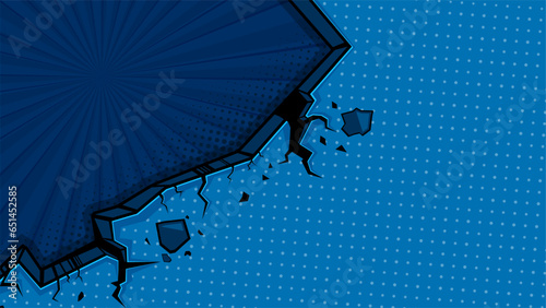 comic background with cartoon crack hole and dot halftone on blue