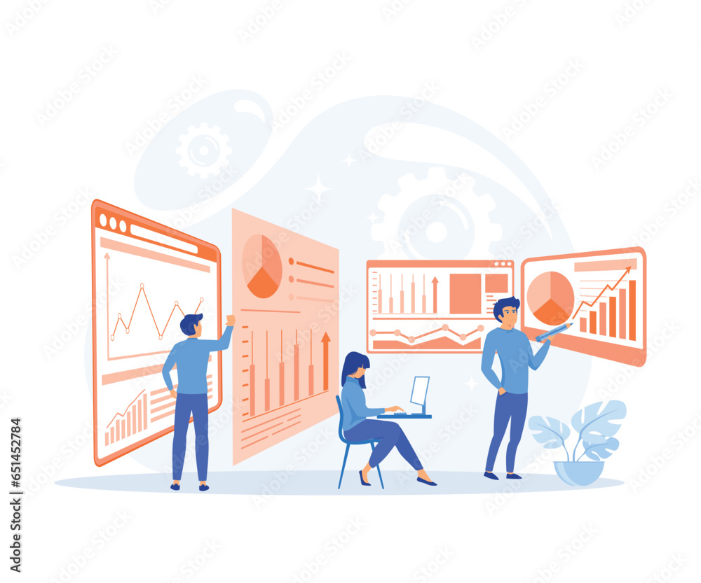 Experienced Office Supervisor Candidate, Gives Presentations in Business Seminars, Uses Pie Charts and Column Charts, flat vector modern illustration