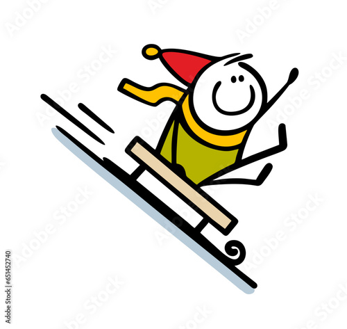 Happy child in a warm jacket, hat and scarf quickly slides down the slide on a sled. Vector illustration of winter entertainment for children and adults.