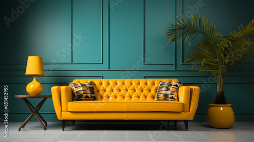  Vibrant yellow velvet sofa against of colorful tiles wall panell photo