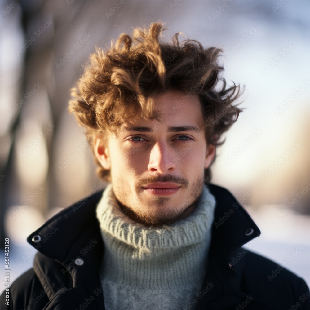 Portrait of a handsome man in winter. Generative AI