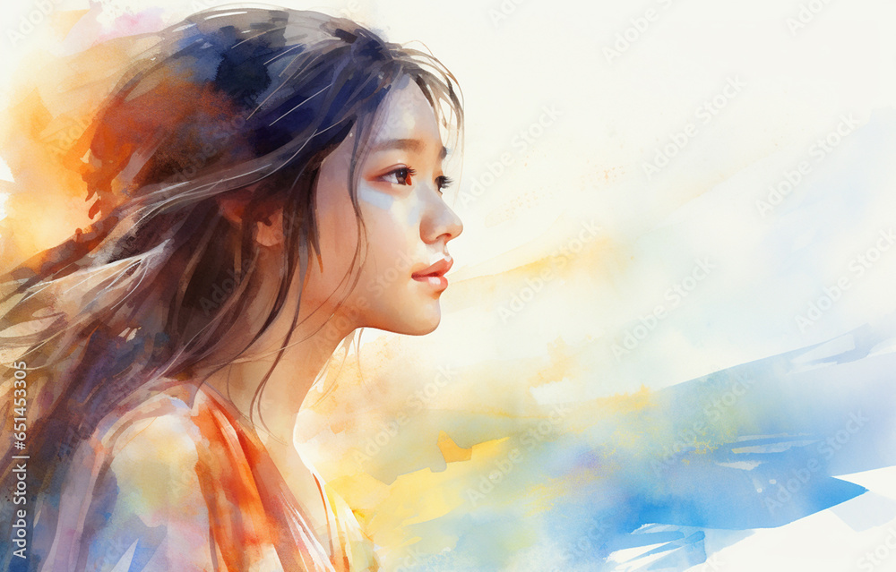遠くを見る女性の横顔の水彩画 遠くを見る女性の横顔の水彩画