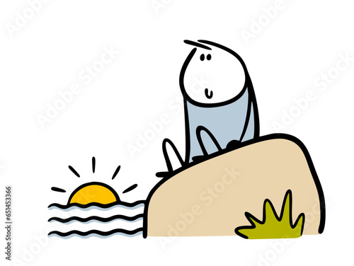 Romantic young stickman sits on large stone on the shore and admires the sunrise at sea. Vector illustration of boy looking at the waves and sunset in nature.