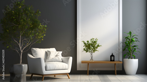 White armchair and poster on the wall. Interior design of modern neoclassical living room