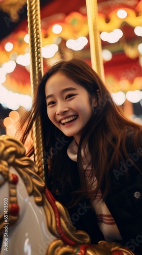 Close-up of a happy Chinese woman sitting on a carousel and smiling. Generative AI