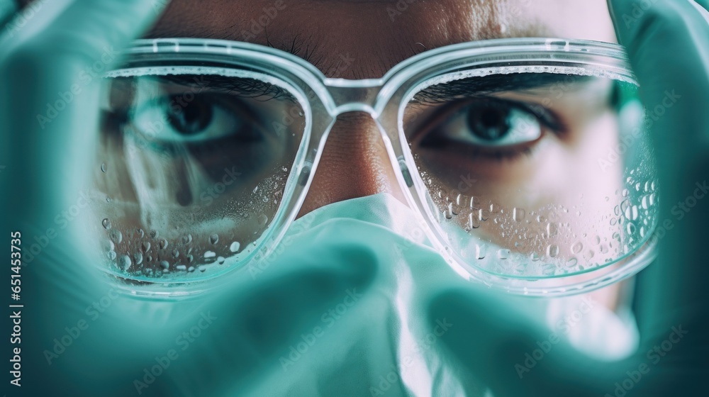Surgeon fogged-up glasses close up