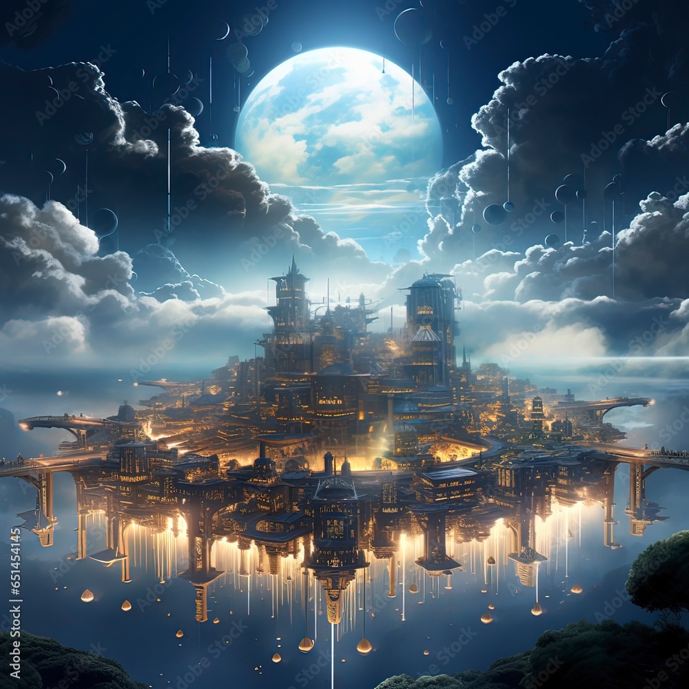 A floating city in the clouds with colorful sky. Generative ai. A floating city in the clouds with colorful sky. Generative ai.