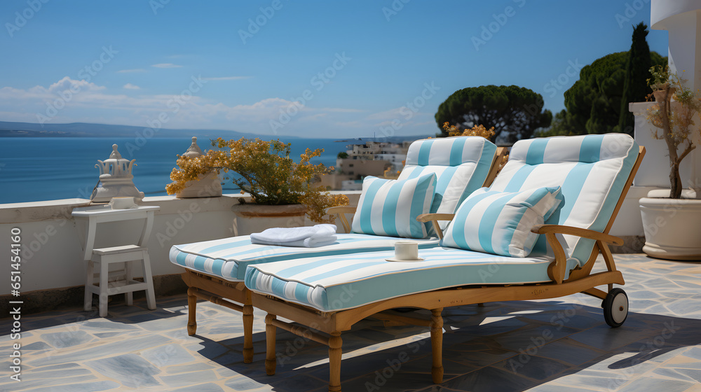 White deck chair on terrace with stunning sea view. Mediterranean hotel under blue sky on sunny day, summer vacation concept