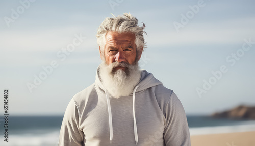Portrait of an elderly inflated man against the background of the beach