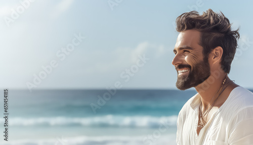 Portrait of a young man with a beard in white on the beach © terra.incognita