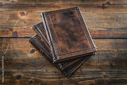 Three aged brown leather journals lay down to old brown table