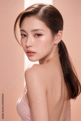 Portrait of beautiful Japanese women with slicked back hair,  wearing backless halter gown in blush pink photo