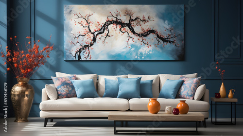 White sofa near blue motifs patterned wall. Boho or eclectic, bohemian interior design of modern living room © Samira